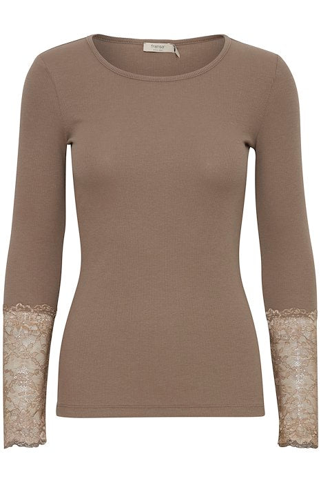 Fransa-frhizamond-lace-trim-sleeve-t-shirt-walnut